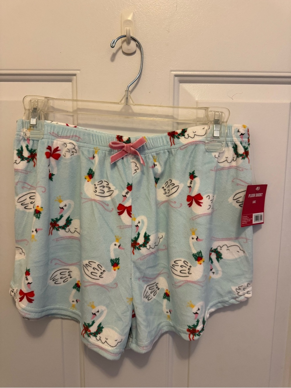 Light Blue Swan Print Girls' Plush Pajama Shorts with Pink Bow